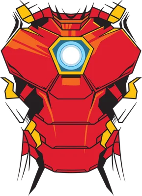 Hình ảnh minh họa giáp Iron Man màu đỏ, vàng, xanh với lò phản ứng hồ quang phát sáng ở giữa, phong cách hoạt hình.