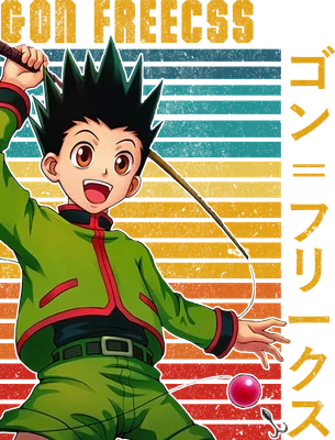 Hình ảnh nhân vật Gon Freecss từ anime Hunter x Hunter, mặc áo khoác xanh lá, cầm cần câu.