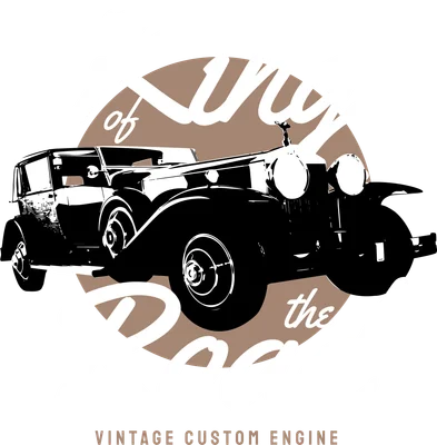 Hình minh họa xe hơi cổ điển màu đen trắng với chữ 'King of the Road' và 'Vintage Custom Engine' trên nền xám.