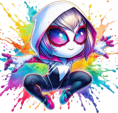 Hình minh họa Spider-Gwen phong cách chibi dễ thương, trang phục trắng đen hồng, mắt lấp lánh, nền bắn màu nước cầu vồng.