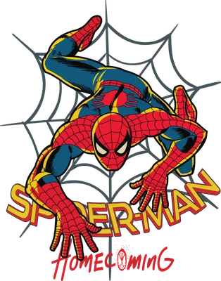 Hình ảnh hoạt hình Spider-Man đang đu dây trên mạng nhện, mặc trang phục đỏ xanh vàng.