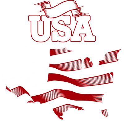 Hình ảnh bản đồ Hoa Kỳ được cách điệu với lá cờ Mỹ, có dòng chữ '100% USA'