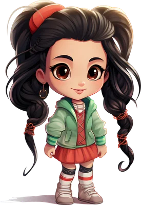 Hình minh họa cô bé chibi tóc đen buộc hai bên, mặc áo hoodie xanh lá, váy đỏ và giày thể thao, đứng trên nền xám.