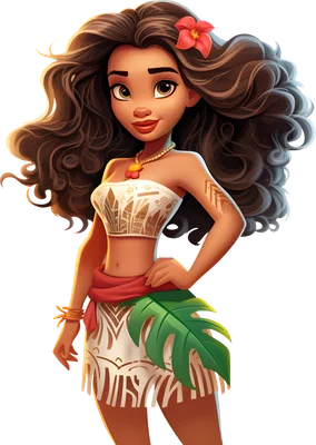 Hình ảnh hoạt hình công chúa Moana của Disney với mái tóc xoăn, hoa đỏ trên tóc, trang phục thổ dân và chiếc lá xanh