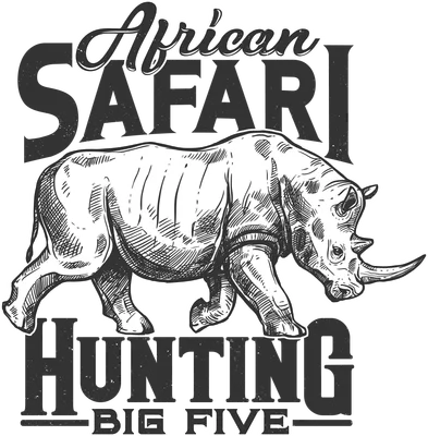 Hình vẽ tê giác trắng phong cách khắc họa cổ điển với chữ 'African Safari Hunting Big Five' trên nền xám.