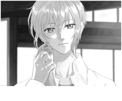 Hình vẽ anime chân dung một chàng trai trẻ với mái tóc vàng, đôi mắt to tròn và biểu cảm dịu dàng, tay chạm nhẹ vào má.