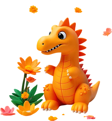 Hình ảnh khủng long hoạt hình màu cam dễ thương đang ngồi giữa những bông hoa màu cam và hồng trên nền xám.