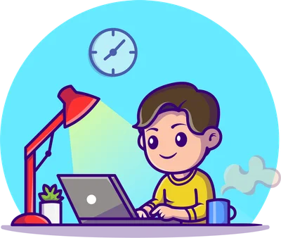 Hình vẽ chibi một chàng trai trẻ đang làm việc trên laptop dưới ánh đèn bàn, có đồng hồ và cốc nước bên cạnh.