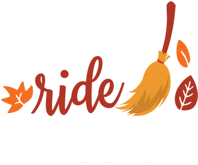 Hình ảnh chữ "Let's ride witches" với hình ảnh chổi phù thủy và lá thu màu cam, đỏ trên nền xám.