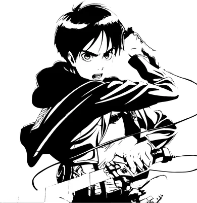 Hình ảnh Eren Yeager từ Attack on Titan trong tư thế chiến đấu, cầm kiếm, biểu cảm quyết tâm.
