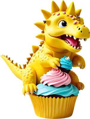 Hình ảnh 3D khủng long con màu vàng dễ thương đang ôm một chiếc cupcake lớn và ăn những chiếc cupcake nhỏ màu hồng, xanh.