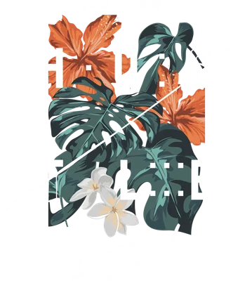 Hình in chữ HUSTLE HARD và BEGIN NOW trên nền lá cây nhiệt đới xanh đậm, hoa dâm bụt cam và hoa sứ trắng, phong cách hiện đại.