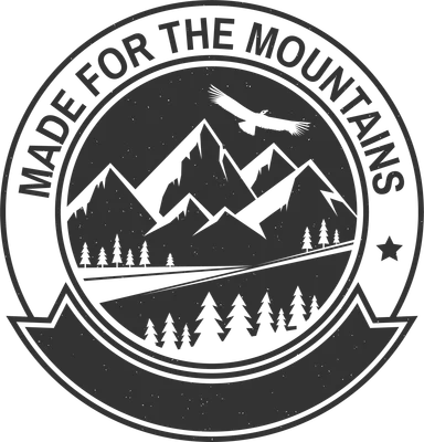 Biểu tượng tròn với dòng chữ 'MADE FOR THE MOUNTAINS', hình ảnh núi non, cây thông và chim đại bàng.
