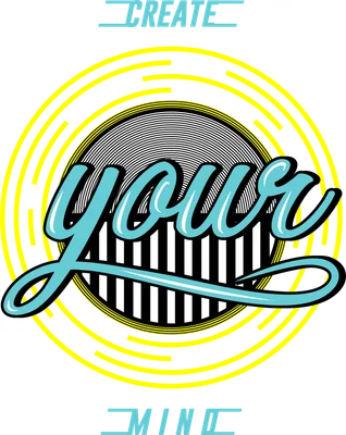 Hình ảnh slogan "Create Your Mind" với chữ "your" màu xanh ngọc nổi bật trên nền tròn sọc đen trắng, bao quanh bởi các vòng tròn màu vàng và xám.