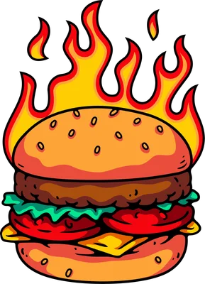 Hình vẽ minh họa bánh burger ngon miệng với ngọn lửa cháy rực rỡ phía sau, phong cách hoạt hình vector