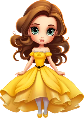Hình ảnh công chúa Belle phiên bản chibi với mái tóc nâu, mắt to xanh biếc và chiếc váy dạ hội màu vàng rực rỡ.