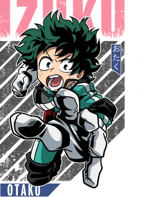 Hình vẽ nhân vật anime Deku (Izuku Midoriya) từ My Hero Academia trong tư thế hành động, tóc xanh, trang phục anh hùng.