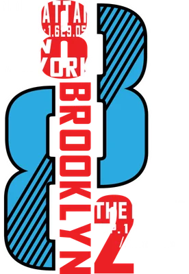 Hình in typography New York City với tên các quận Manhattan, Brooklyn, The Bronx và số liệu dân số, màu đỏ, xanh, trắng.