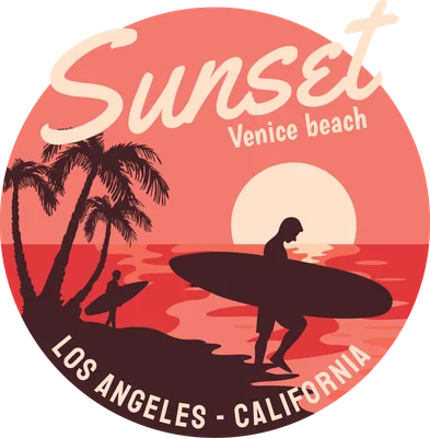 Hình ảnh vector phong cách retro hoàng hôn trên bãi biển Venice, California với cây cọ và người lướt sóng.