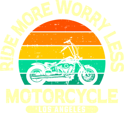 Hình ảnh đồ họa phong cách retro với xe mô tô, hoàng hôn sọc và dòng chữ 'RIDE MORE WORRY LESS MOTORCYCLE LOS ANGELES'.