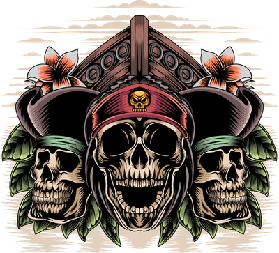 Hình minh họa ba đầu lâu cướp biển đội mũ và khăn bandana cùng hoa sứ, phong cách nghệ thuật vintage