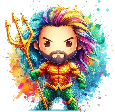 Hình chibi Aquaman cầm đinh ba vàng, tóc nhiều màu, trang phục xanh vàng, hiệu ứng màu nước rực rỡ.