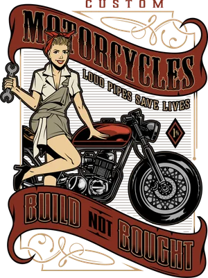 Hình minh họa cô gái thợ máy phong cách pin-up bên cạnh xe mô tô cổ điển với dòng chữ Build Not Bought