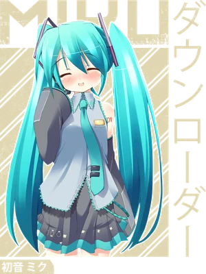 Hình ảnh Hatsune Miku, ca sĩ ảo nổi tiếng, với mái tóc xanh dương dài hai bím, mặc trang phục đặc trưng, biểu cảm đáng yêu.