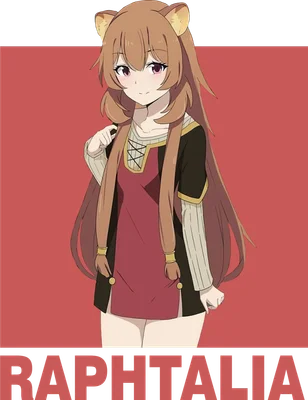 Hình ảnh nhân vật anime Raphtalia với đôi tai mèo, tóc nâu dài, mặc trang phục đỏ và đen, phong cách chibi.