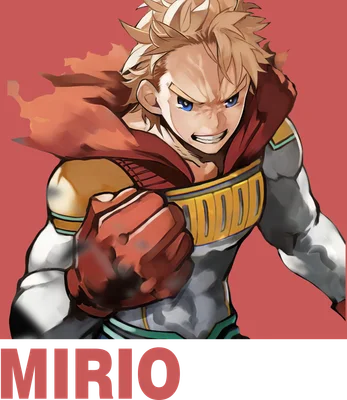 Hình ảnh nhân vật anime Mirio Togata với mái tóc vàng, mắt xanh, mặc trang phục anh hùng màu trắng, xám, vàng và áo choàng đỏ.