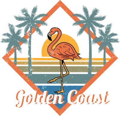 Hình minh họa chim hồng hạc đứng trên bãi biển với phong cách retro vintage và dòng chữ Golden Coast