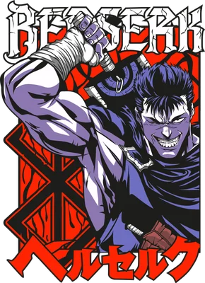 Hình ảnh Guts từ Berserk, nhân vật anime với biểu cảm mạnh mẽ, tay cầm kiếm, nền đỏ đen.
