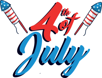 Hình ảnh pháo hoa và chữ '4th of July' với màu đỏ, xanh dương, trắng trên nền xám.