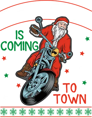 Ông già Noel lái xe mô tô với dòng chữ Santa Claus is coming to town, phong cách hoạt hình Giáng sinh