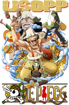 Hình ảnh Usopp từ One Piece với nhiều biểu cảm, bao quanh là kho báu vàng và logo One Piece.