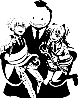 Hình vẽ anime đen trắng ba nhân vật: Koro Sensei với nụ cười rộng, một nam sinh cầm dao và một nữ sinh có tai mèo.