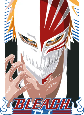 Hình ảnh Ichigo Kurosaki với mặt nạ Hollow, đôi mắt vàng sắc bén, thể hiện sự mạnh mẽ và quyết tâm.