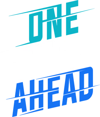 Chữ "ONE STEP AHEAD" được thiết kế theo phong cách hiện đại, với các màu xanh ngọc, trắng và xanh dương, trên nền xám.