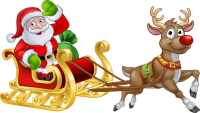 Hình ảnh hoạt hình Ông già Noel đội mũ đỏ, mặc áo đỏ, đeo găng tay xanh, ngồi trên xe trượt tuyết vàng, tay vẫy chào, bên cạnh là chú tuần lộc nâu có mũi đỏ.