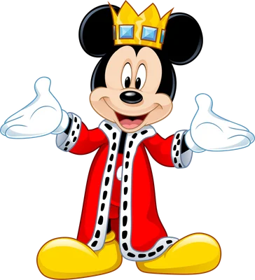 Mickey Mouse trong trang phục vua màu đỏ, đội vương miện vàng, mỉm cười và dang tay chào đón.