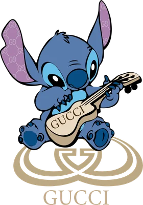 Hình ảnh Stitch màu xanh dương đang ngồi chơi đàn guitar, trên đàn có chữ GUCCI, tai và logo lớn phía dưới cũng là logo Gucci.