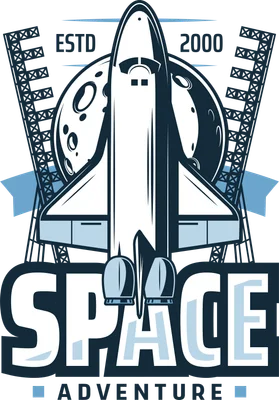 Hình đồ họa tàu con thoi vũ trụ màu trắng xanh bay qua mặt trăng, có tháp phóng và chữ 'SPACE ADVENTURE'.