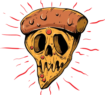 Hình minh họa lát pizza vàng cam tạo hình đầu lâu với viền bánh mì trên đầu, có các chấm đỏ và tia sáng đỏ trên nền xám.