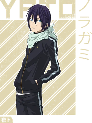 Hình vẽ anime nhân vật Yato trong Noragami mặc áo khoác đen, khăn quàng cổ, với nền sọc vàng