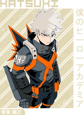 Hình vẽ nhân vật Katsuki Bakugo với mái tóc trắng, mắt đỏ, mặc trang phục anh hùng màu xám và cam.