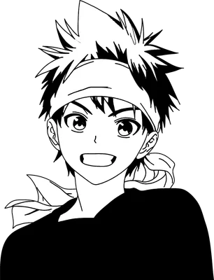 Hình vẽ chibi chàng trai anime tóc nhọn, đeo băng đô trắng, mặc áo đen, biểu cảm vui vẻ.