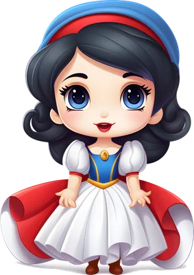 Hình ảnh nàng Bạch Tuyết chibi đáng yêu với đôi mắt to tròn, váy trắng, áo choàng đỏ và mũ xanh.