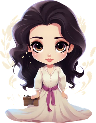 Hình vẽ cô gái chibi tóc đen dài, váy trắng thắt nơ tím, đôi mắt to tròn, đang cầm hộp gỗ nhỏ, trên nền xám với họa tiết trang trí.