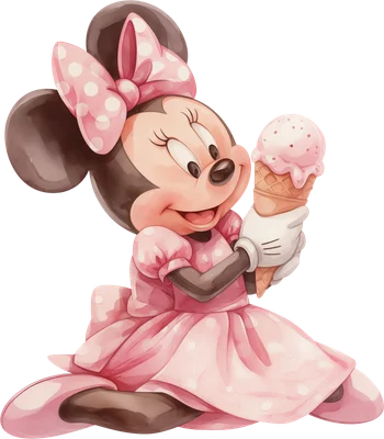 Hình ảnh Minnie Mouse hoạt hình dễ thương mặc váy hồng chấm bi, cầm kem ốc quế màu hồng, vẽ theo phong cách màu nước.