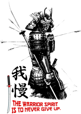 Hình ảnh chiến binh Samurai mặc giáp đen, đứng giữa mưa tên, có chữ Hán và câu tiếng Anh.
